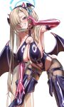 1girl absurdres armpits asuna_(blue_archive) bare_shoulders bat_wings black_thighhighs blonde_hair blue_archive blue_eyes blue_halo blush boots breasts choker cleavage clothing_cutout collarbone commentary_request covered_nipples demon_horns demon_wings elbow_gloves fake_horns fake_wings gloves grin groin hair_over_one_eye hair_ribbon hairband half-heart_hands halo harness highres horn_hairband horns large_breasts latex leotard long_hair looking_at_viewer low_wings mole mole_on_breast navel navel_cutout o-ring o-ring_harness pink_gloves purple_boots purple_leotard purple_wings ribbon sayu_mypace side_ponytail smile solo thigh_boots thighhighs thighs very_long_hair winged_hairband wings 