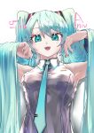  1girl absurdres anniversary armpits arms_up blue_eyes blue_hair blue_necktie breasts collared_shirt commentary_request hair_lift hatsune_miku highres kyuu_(que_9) long_hair looking_at_viewer medium_breasts necktie open_mouth shirt simple_background sleeveless sleeveless_shirt smile solo twintails upper_body very_long_hair vocaloid white_background white_shirt 