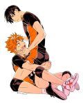  2boys black_hair closed_mouth commentary_request from_side full_body haikyuu!! hand_on_another's_head hinata_shouyou kageyama_tobio karasuno_volleyball_uniform knee_pads male_focus multiple_boys orange_hair oseo shoe_soles shoes short_hair shorts simple_background sitting socks sportswear twitter_username volleyball_uniform white_background white_shoes white_socks yaoi 