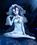  1girl abyssal_ship agenoumi alternate_costume bad_id bad_pixiv_id barefoot battleship_princess black_hair bow breasts colored_skin commentary_request dress elbow_gloves eye_trail gloves grey_skin hair_between_eyes highres horns kantai_collection light_trail long_hair looking_at_viewer medium_breasts parted_lips red_eyes sitting solo strap_slip underwater veil very_long_hair white_bow white_dress white_gloves white_veil 