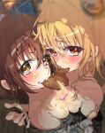  2girls black_hair blonde_hair breast_press commentary_request cream cream_on_body cream_on_face eating food food_on_face hand_on_another's_arm highres konjiki_no_yami looking_at_viewer multiple_girls nazonaji raised_inner_eyebrows sharing_food symmetrical_docking taiyaki to_love-ru to_love-ru_darkness topknot wagashi yuuki_mikan 