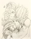  1boy 1girl black_hair blue_hair blush braid breasts circlet cleavage cloak closed_mouth commentary_request couple crescent crescent_earrings dark-skinned_female dark_skin earrings fire_emblem fire_emblem:_fortune's_weave gold_choker gold_earrings green_eyes groping hair_ornament hat hat_feather hetero high_ponytail highres jewelry large_breasts leda_(fire_emblem) long_hair necklace ponytail purple_hair red_cloak shiratsu_(white-seaside) sirocco_(fire_emblem) smile solo turban wavy_hair white_background 