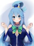  1girl absurdres aqua_(konosuba) bare_shoulders blue_background blue_eyes blue_hair blue_shirt blush bow bowtie breasts cleavage closed_mouth detached_sleeves english_commentary green_bow green_bowtie hair_ornament hair_rings hands_up highres kono_subarashii_sekai_ni_shukufuku_wo! kotlight large_breasts long_hair long_sleeves looking_at_viewer shirt single_hair_ring smile solo sphere_hair_ornament two-tone_background upper_body white_background white_sleeves 