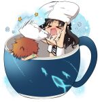  >_< 1boy 1girl aoyama_(bigblueegg) black_ribbon brown_hair commentary_request d: dx emiya_shirou fate/stay_night fate/unlimited_blade_works fate_(series) hair_ribbon holding holding_pillow long_hair pillow ribbon scene_reference tohsaka_rin 