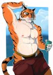 abs anthro armpit_hair beach belly beverage biceps body_hair chest_tuft clothed clothing epic_games fangs felid fortnite fur hi_res holding_object inner_ear_fluff looking_at_viewer male mammal markings musclegut muscular muscular_male nails narrowed_eyes neck_tuft nipples orange_body orange_fur oscar_(fortnite) pantherine panties paws pecs raised_arm scar sea short sky solo standing striped_markings striped_tail stripes tail tail_markings teeth tiger topless triceps tuft underwear vannillama water wet wet_body whiskers white_body white_fur yellow_eyes