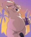 2026 4_fingers anthro armpit_tuft bear beverage black_nose black_penis club_penguin duckbrained eyebrows fingers flaccid fur genitals gta_vi_cover_girl herbert_p._bear hi_res holding_beverage holding_object looking_at_viewer male mammal nude_anthro nude_male overweight overweight_anthro overweight_male palm_tree penis plant polar_bear solo tree ursine white_body white_fur