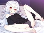  1girl bare_legs barefoot black_panties black_shirt blush commentary_request fangs glasses grey_hair highres indoors lily_(ogami_kazuki) long_hair mole mole_under_mouth off_shoulder ogami_kazuki on_bed original panties parted_lips pillow pointy_ears red_eyes round_eyewear shirt short_sleeves soles solo spread_legs squiggle textless_version underwear very_long_hair 