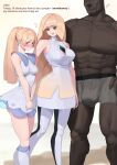  2girls abs absurdres blush breasts bulge dark-skinned_male dark_skin english_commentary english_text highres large_pectorals lillie_(pokemon) long_hair lusamine_(pokemon) male_underwear mother_and_child mother_and_daughter multiple_girls muscular muscular_male open_mouth parent_and_child pectorals pokemon pokemon_sun_and_moon race_fetishism shy smile topless_male underwear very_dark_skin white_male_underwear wjs07 