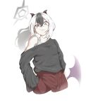 1girl absurdres black_hair black_shirt blue_archive brown_pants closed_mouth commentary cropped_legs floating_hair halo hand_in_pocket highres horns kayoko_(blue_archive) long_hair long_sleeves low_wings maroron_g multicolored_hair off_shoulder pants ponytail purple_wings red_eyes shirt simple_background single_wing solo two-tone_hair very_long_hair white_background white_hair wings 