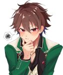  1boy blush closed_mouth collared_shirt commentary date_plan_(ensemble_stars!) ensemble_stars! hair_between_eyes hand_on_own_chin hand_up highres jewelry lapels layered_sleeves long_sleeves looking_at_viewer male_focus mogu_(mogsan_p) morisawa_chiaki necklace nervous_sweating notched_lapels official_alternate_costume red_eyes shirt short_hair solo spoken_squiggle squiggle sweat upper_body 