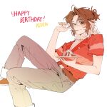  1boy 1owov15 aiden_(disventure_camp) animification belt birthday_cake cake cake_slice denim disventure_camp eating food fork green_eyes happy_birthday highres holding holding_cake holding_food holding_fork jeans jewelry multicolored_hair necklace pants red_shirt shirt smile split-color_hair two-tone_hair undershirt 
