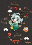  1girl absurdres alternate_costume black_hairband black_sash blue_eyes blush chibi chibi_only commentary_request daruma_doll egasumi full_body green_kimono grey_hair hairband highres hitodama japanese_clothes kimono konpaku_youmu konpaku_youmu_(ghost) long_sleeves looking_at_viewer obi open_mouth pinwheel rattle_drum sandals sash short_hair smile solo tamagogayu1998 torii touhou water_yoyo wide_sleeves yukata 