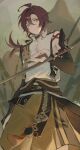  1boy absurdres ahoge bamboo blurry blurry_background closed_mouth commentary cowboy_shot english_commentary genshin_impact green_eyes hair_between_eyes hakama hakama_shorts highres holding holding_weapon japanese_clothes jitte long_hair looking_at_viewer low_ponytail male_focus mole mole_under_eye no_pupils ponytail red_hair shikanoin_heizou shirt shorts solo sparrow4193941 weapon white_shirt 