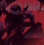  1boy angel_wings angry arms_up black_border black_coat black_hair black_pants black_wings blood blood_on_face border coat commentary_request crying crying_with_eyes_open dust english_text fallen_angel feet_out_of_frame film_grain fine_art_parody furrowed_brow glowing glowing_eyes heart6_6station highres interlocked_fingers kagurabachi limited_palette looking_ahead male_focus multiple_wings open_clothes open_coat pants parody red_background red_eyes rokuhira_chihiro scar scar_on_face scar_on_forehead short_hair single_tear solo tears the_fallen_angel_(painting) very_short_hair wings 