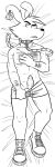 abs absurd_res animal_genitalia anthro bite_mark body_hair canid canine canine_genitalia chest_hair clothed clothing collar dakimakura damoart dog_man_(character) dog_man_(series) ear_piercing footwear front_view genitals hi_res humanoid jewelry leash male mammal monochrome muscular muscular_male necklace partially_clothed penis piercing pillow shoes simple_coloring solo spiked_collar spikes topless underwear underwear_down undressing