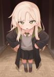  1girl absurdres blonde_hair blush bright_pupils brown_shoes commentary english_commentary genderswap genderswap_(mtf) green_eyes grey_socks hair_behind_ear hair_over_shoulder harry_potter_(series) highres hogwarts_school_uniform long_hair looking_at_viewer malfoid nanachides open_mouth parted_hair school_uniform shoes socks solo white_pupils wizarding_world 