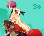  2boys ahoge anpolly aqua_background armor black_thighhighs blush breastplate cape closed_eyes commentary_request earrings greaves hand_on_another's_head jewelry long_hair male_focus medic_(sekaiju_4) medic_3_(sekaiju_4) multiple_boys profile purple_hair red_cape sekaiju_no_meikyuu sekaiju_to_fushigi_no_dungeon shoes short_hair small_sweatdrop sovereign_(sekaiju) sovereign_3_(sekaiju) teeth thighhighs v-shaped_eyebrows white_shoes yellow_eyes 