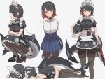  1girl arms_behind_back axzf8485 black_hair blush breasts choker closed_mouth colored_inner_hair commentary_request crossed_arms ellen_joe ellen_joe_(on_campus) fins fish_tail hair_ornament hairband highres holding holding_weapon large_breasts large_tail looking_at_viewer lying maid maid_headdress metal_hairband mole mole_under_eye multicolored_hair multiple_views official_alternate_costume on_stomach pantyhose razor_blade_hair_ornament red_eyes red_hair shark_girl shark_tail shirt short_hair skirt spiked_headband squatting tail two-tone_hair weapon white_shirt zenless_zone_zero 