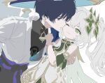  1boy 1girl armlet belt bishounen black_belt black_bodysuit black_bow black_hair black_shorts blue_cape blue_hat blue_jingasa blue_kimono blunt_ends bodysuit bow cape clenched_hand closed_mouth couple cross-shaped_pupils detached_sleeves dress eyelashes face-to-face genshin_impact gold gold_armlet gold_trim green_cape green_sleeves hair_ornament hand_on_another's_back hand_on_another's_chest hat heart heart_hair_ornament hetero japanese_clothes jewelry jingasa juban kimono kocokooo long_hair mandarin_collar nahida_(genshin_impact) one_eye_closed open_clothes open_kimono parted_lips pointy_ears purple_eyes purple_sash sash scaramouche_(genshin_impact) short_dress shorts side_cape side_ponytail sidelocks sideways_mouth sketch smile symbol-shaped_pupils tsurime unfinished wanderer_(genshin_impact) white_background white_dress white_hair white_kimono white_mouth white_sleeves 