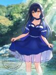  1girl bar_censor black_hair black_hairband blue_camisole blue_capelet blue_skirt blurry blurry_background blush bone_hair_ornament breasts camisole capelet censored choker cleavage closed_mouth commentary day feet_out_of_frame frilled_capelet frilled_choker frilled_skirt frills hair_between_eyes hair_ornament hairband highres holding_own_skirt kushima_kamome large_breasts long_hair looking_at_viewer medium_skirt outdoors piyo_(kinkooo333) river sidelighting skirt skull_and_crossbones skull_hair_ornament smile solo standing straight_hair summer_pockets sunlight twitter_username yellow_eyes 