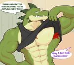 2026 abs after_transformation anthro armpit_hair biceps big_muscles big_pecs bodily_fluids body_hair chest_hair chest_tuft clothed clothing clothing_lift crocodile crocodilian dialogue digital_media_(artwork) english_text facial_scar green_body grin guacandchips hair jock male muscular muscular_anthro muscular_arms muscular_male offscreen_character pecs red_hair reptile scales scalie scar school sharp_teeth shirt shirt_lift smile solo sparkles spines stubble student sweat sweaty_body tank_top teeth text topwear tuft undressing
