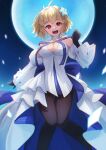  1girl :d antenna_hair arcueid_brunestud arcueid_brunestud_(mooncancer) bare_shoulders black_gloves blonde_hair blue_bow blue_dress blue_flower blue_moon blue_ribbon blush bow breasts brown_pantyhose cleavage clenched_hand commentary_request detached_sleeves dress dress_bow falling_petals fate/grand_order fate_(series) flower full_moon gloves hair_between_eyes hair_flower hair_ornament hand_up highres izanaware_game knees_together_feet_apart large_breasts long_dress looking_at_viewer moon night open_mouth pantyhose petals puffy_detached_sleeves puffy_sleeves red_eyes ribbon short_hair sidelocks single_hair_intake smile solo two-sided_dress two-sided_fabric two-tone_dress white_dress white_petals white_sleeves wide_sleeves 