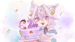  1girl animal_ear_fluff animal_ears anniversary bell blush bright_pupils cake candle cat_ears cat_girl chasiibles commentary confetti crossed_bangs english_commentary eyelashes fang filian_(vtuber) fire food gummy_candy hair_bell hair_between_eyes hair_intakes hair_ornament highres holding holding_plate indie_virtual_youtuber jingle_bell number_candle open_mouth plate purple_eyes skin_fang smile solo virtual_youtuber white_hair white_pupils 