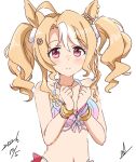  ahoge animal_ears aqua_bikini bare_shoulders bikini blonde_hair blue_bikini blush bracelet breasts closed_mouth collarbone commentary_request fusaichi_pandora_(snatchin'_hearts)_(umamusume) fusaichi_pandora_(umamusume) hair_between_eyes horse_ears horse_girl jewelry long_hair looking_at_viewer ma-2_(konkon_kitakitsune) multicolored_hair navel official_alternate_costume official_alternate_hairstyle pink_bikini red_eyes simple_background smile stomach swimsuit umamusume upper_body white_background 