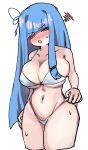 1girl :o alternate_breast_size_(larger) bikini blue_hair blue_ribbon blush breasts commentary_request covered_nipples cowboy_shot hair_ribbon highres kotonoha_aoi kyuu_(que_9) large_breasts long_hair looking_at_viewer navel open_mouth pink_eyes ribbon simple_background solo squiggle sweat swimsuit voiceroid white_background white_bikini 