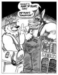 anthro asinus backwards_baseball_cap backwards_hat baseball_cap beard billy_fore canid canine canis clock clothing comic dialogue donkey drugs duffel_bag duo electronics english_text equid equine eye_black facial_hair hat headgear headwear hi_res jukebox male mammal monochrome muscular muscular_male overalls piercing poppers stubble text thad_notos watch wolf