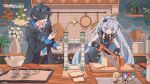  1boy 1girl amber_(stella_sora) black_gloves black_hair blue_dress blue_eyes blue_hairband blue_necktie bowl bread bread_slice button_dress checkered_clothes checkered_dress checkered_hairband coat_dress commentary cookie cooking copyright_name copyright_notice dress dress_shirt female_tyrant_(stella_sora) flower flower_pot food frying_pan gloves grey_hair hair_ornament hair_over_one_eye hairband highres holding holding_food holding_saw hood hood_down hooded_jacket iris_(stella_sora) jacket keishin kitchen knife layered_dress long_hair long_sleeves male_tyrant_(stella_sora) mixing_bowl necktie noya_(stella_sora) official_art open_clothes open_mouth oven pants plaid_clothes plaid_necktie plant pointy_ears popped_collar potted_plant saw second-party_source shirt short_dress short_hair sleeveless sleeveless_dress stella_sora sweatdrop thighhighs tyrant_(stella_sora) very_long_hair white_shirt white_thighhighs 