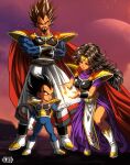  1girl 2boys absurdres black_hair ch_nadhir child commentary dragon_ball dragon_ball_super english_commentary father_and_child highres king_vegeta long_hair mother_and_child multiple_boys muscular muscular_male outdoors parent_and_child sky vegeta very_long_hair 