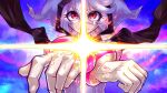  1girl aygoftenover bracelet closed_mouth commentary eye_mask furrowed_brow gloves hair_between_eyes henshin henshin_pose highres hood hood_up jewelry looking_at_viewer mask outstretched_arms pale_skin red_eyes short_hair shy_(character) shy_(series) sparkle upper_body white_gloves 