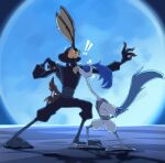 action_pose anthro avian bird canid canine canis coyote cuculiform duo exclamation_point eyes_closed full_moon hi_res kissing lnr_brl looney_tunes male male/male mammal moon new_world_ground_cuckoo night ninja pose road_runner_(looney_tunes) roadrunner surprise_kiss surprised tail tail_motion tailwag warner_brothers warrior wile_e._coyote