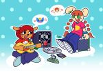  3girls absurdres amplifier animal_ear_piercing animal_ears bemani black_eyes black_shoes blue_pants blue_shoes blunt_bangs braid brown_hair commentary crossover crt full_body furry furry_female game_console green_eyes guitar heart highres holding holding_guitar holding_instrument horns instrument katy_kat lammy_(um_jammer_lammy) lightning_bolt_print mimi_(pop'n_music) multiple_girls mzhsparsee nyami_(pop'n_music) open_mouth orange_fur outline pants parappa_the_rapper pink_shirt playing_guitar playing_instrument polka_dot polka_dot_background pop'n_music rabbit_ears rabbit_girl red_hair red_shirt sheep_ears sheep_girl sheep_horns shirt shoes short_hair sitting sony speech_bubble sweatdrop twin_braids um_jammer_lammy vib-ribbon vibri_(vib-ribbon) white_outline yellow_fur 