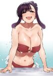  1girl :d absurdres bare_shoulders bikini breasts cleavage commentary_request elder_cousin_(igarashi_kyouhei) folded_hair folded_ponytail hair_bun hair_ornament hairclip highres huge_breasts igarashi_kyouhei itoko_no_onee-chan_ni_amaechau? looking_at_viewer midriff navel open_mouth pool red_bikini single_hair_bun smile solo swimsuit teeth upper_teeth_only wet 