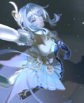  absurdres asymmetrical_gloves blue_dress blue_gloves blue_hair breasts commentary detached_collar detached_sleeves dress elbow_gloves expressionless frilled_sleeves frills fur-trimmed_sleeves fur_collar fur_trim gem genshin_impact gloves gold_shoes gold_trim hair_between_eyes hair_bun hair_intakes hair_ornament hair_over_one_eye high_heels highres leg_up looking_at_viewer looking_up mismatched_gloves odette_(genshin_impact) pantyhose pink_gem purple_eyes shoes single_elbow_glove spotlight standing standing_on_one_leg vachi_baebloom white_fur white_gloves white_pantyhose 