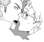  2boys blush close-up commentary_request glasses greyscale haikyuu!! haruko_(chikadoh) imminent_kiss jacket looking_at_viewer male_focus monochrome multiple_boys open_mouth sideburns sideways_glance takeda_ittetsu ukai_keishin yaoi 