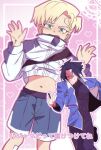  2boys age_difference bal09853549800 black_hair blonde_hair blue_bodysuit blue_jacket bodysuit burn_scar clothes_lift commentary_request cyberpunk:_edgerunners cyberpunk:_edgerunners_2 cyberpunk_(series) d_(cyberpunk) eyebrow_cut green_eyes grizzly_ni_osowaretara heart heart_background highres jacket jacket_lift long_sleeves male_focus multiple_boys navel onii-shota open_clothes open_jacket parted_bangs roman_carax running scar scar_on_face short_hair shorts sweatdrop white_jacket yaoi 
