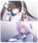  2girls absurdres angie_(stella_sora) black_hair blue_collar braid chitose_(stella_sora) chitose_(when_morning_glories_bloom_her_eyes_open)_(stella_sora) collar commentary_request dress gradient_background grey_background gun hair_between_eyes hair_ornament handgun highres holding holding_sword holding_weapon katana logo long_hair looking_at_viewer multicolored_hair multiple_girls ochiaki official_art open_mouth parted_lips purple_eyes purple_hair scabbard sheath simple_background smile stella_sora sword twin_braids twintails weapon white_background white_dress 