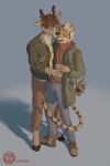 2:3 5_fingers anthro arvo_(dawn_chorus) clothed clothing dawn_chorus deer duo felid fingers hi_res hooves jacket jock kiss_on_cheek kissing letterman_jacket male male/male mammal monrain pantherine rune_(dawn_chorus) standing tail tiger topwear