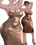  1girl absurdres armpits arms_up blonde_hair breasts brown_dress brown_hair cleavage commentary covered_navel dark-skinned_female dark_skin dress english_commentary full_body green_eyes high_heels highres jewelry large_breasts millie_posting mole mole_on_breast multicolored_hair necklace original pearl_necklace scowl spaghetti_strap tongue tongue_out two-tone_hair 