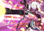 1girl absurdres blood blood_in_hair blood_on_clothes blood_on_face blue_archive chain cherry_blossom_print commentary cosplay dual_wielding english_commentary firing floral_print floral_print_jacket gun highres holding jacket kairo0 long_sleeves neru_(blue_archive) neru_(blue_archive)_(cosplay) phase_connect print_jacket puffy_long_sleeves puffy_sleeves purple_eyes short_hair sig_mpx sig_sauer solo submachine_gun sukajan tenma_maemi virtual_youtuber weapon white_hair 