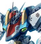  commentary dragon_fang ginsoukikou_ordian mecha mecha_focus no_humans orange_eyes robot simple_background solo standing taedu upper_body white_background 