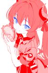  1girl aiguillette belt_pouch blue_archive blue_eyes burger closed_mouth collared_shirt commentary demon_girl demon_horns demon_wings eyelashes food from_above gourmet_research_society_(blue_archive) hair_between_eyes hair_ribbon halo hands_up highres holding holding_food horns junko_(blue_archive) kazu_sasuki long_hair looking_at_viewer low_wings monochrome necktie pointy_ears pouch ribbon shirt short_sleeves sidelocks smile solo spot_color striped_blush twintails very_long_hair wings 