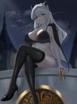  1girl absurdres alternate_breast_size_(larger) alternate_hair_length_(longer) black_bra black_horns black_jacket black_shoes black_tail black_thighhighs bra breasts can commentary crossed_legs curled_horns demon_tail drink_can grey_hair hair_between_eyes high_heels highres holding holding_can horns jacket jacket_on_shoulders large_breasts light_blush long_hair looking_at_viewer melang_(mongsil3000) night orange_eyes outdoors parted_lips shoes sitting solo tail thighhighs thighs underwear wuthering_waves zani_(wuthering_waves) 