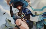  1boy anemo_symbol_(genshin_impact) armor black_bodysuit black_bridal_gauntlets black_hair black_shorts blue_kimono blunt_ends bodysuit bridal_gauntlets cloud cracked_skin doll_joints eyeliner falling_leaves feathers furisode genshin_impact hand_up hat japanese_armor japanese_clothes jewelry jingasa joints juban kimono kintsugi kote kurokote leaf looking_at_viewer makeup male_focus mandarin_collar middle_ring mithsd open_clothes open_kimono outdoors pom_pom_(clothes) purple_eyes red_eyeliner ring scaramouche_(genshin_impact) shaded_face short_hair shorts shoulder_peek solo turtleneck turtleneck_bodysuit twitter_username vision_(genshin_impact) wanderer_(genshin_impact) wide_brim wind yellow_feathers 