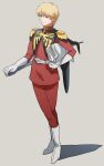  1boy absurdres belt black_capelet blonde_hair blue_eyes boots capelet char_aznable closed_mouth commentary_request epaulettes full_body gloves gundam helmet highres holding holding_unworn_helmet jacket knee_boots long_sleeves male_focus medium_hair mobile_suit_gundam oh_syz pants red_jacket red_pants simple_background smile solo unworn_headwear unworn_helmet white_belt white_boots white_gloves zeon 