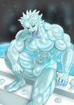  1boy abs absurdres alabuster_(stalpha_alabuster) bara biceps blue_skin colored_skin colored_tongue highres large_pectorals long_tongue male_focus monster_boy muscular muscular_arms muscular_male original pectorals purple_tongue slime_(creature) slime_boy solo squatting thick_thighs thighs tongue 