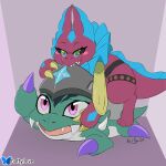 1:1 armor bandai_namco belt betamon bite biting_another collar digimon digimon_(species) elizamon eyewear female frill_(anatomy) glasses green_body green_eyes headgear headgear_only helmet helmet_only hi_res kerilyn knight male male/female pink_body pink_eyes purple_background riding sharp_teeth shawl simple_background smirking_at_another squishing_cheeks teeth warrior